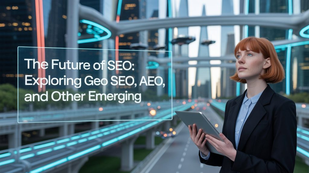 Businesswoman holding a tablet in a futuristic city with neon lights, next to text that reads 'The Future of SEO: Exploring Geo SEO, AEO, and Other Emerging