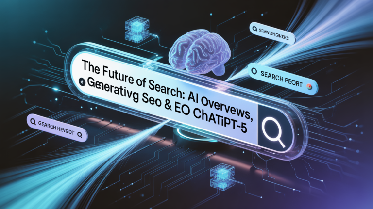 Digital concept illustration showing AI brain and futuristic search interface with the title ‘The Future of Search: AI Overviews, Generative SEO & ChatGPT-5,’ symbolizing AI-driven search innovation.