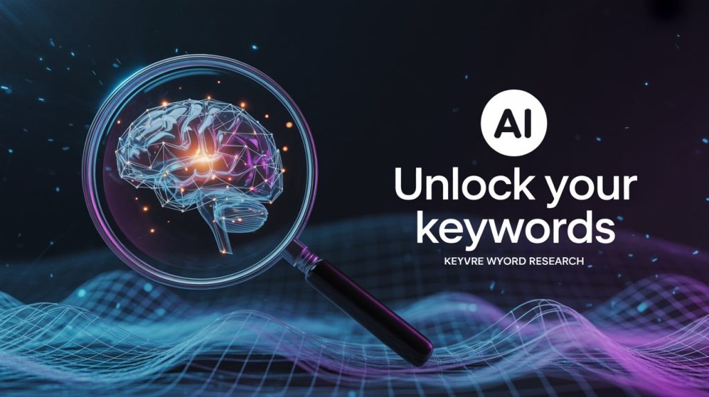 AI concept with a glowing digital brain under a magnifying glass representing keyword research and artificial intelligence. The text reads ‘AI Unlock your keywords – Keyword Research’ on a futuristic dark and purple background.