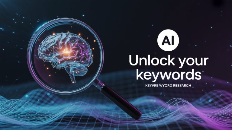 AI concept with a glowing digital brain under a magnifying glass representing keyword research and artificial intelligence. The text reads ‘AI Unlock your keywords – Keyword Research’ on a futuristic dark and purple background.
