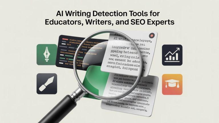 A magnifying glass examining digital text with coding and writing icons, representing AI writing detection tools for educators, writers, and SEO experts.