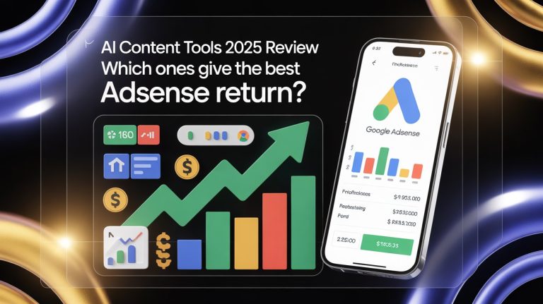 AI Content Tools 2025 Review — Which ones give the best AdSense return?” displayed on a futuristic digital background with growth charts, analytics icons, and a smartphone screen showing the Google AdSense logo and earnings dashboard. The image represents AI-driven content performance and revenue optimization.